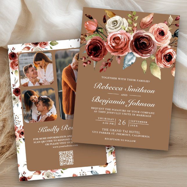 Invitation Terracotta Floral Beige Tan QR Code Wedding (Créateur téléchargé)