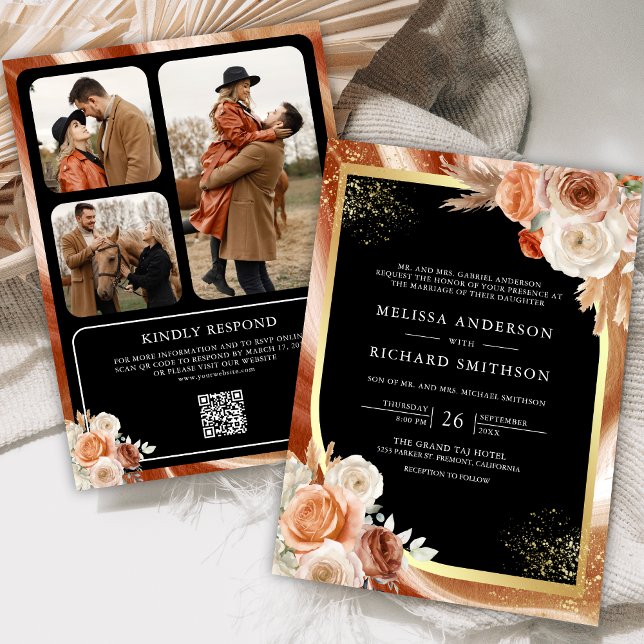 Invitation Terracotta Floral Black Gold Photo QR Code Mariage (Créateur téléchargé)