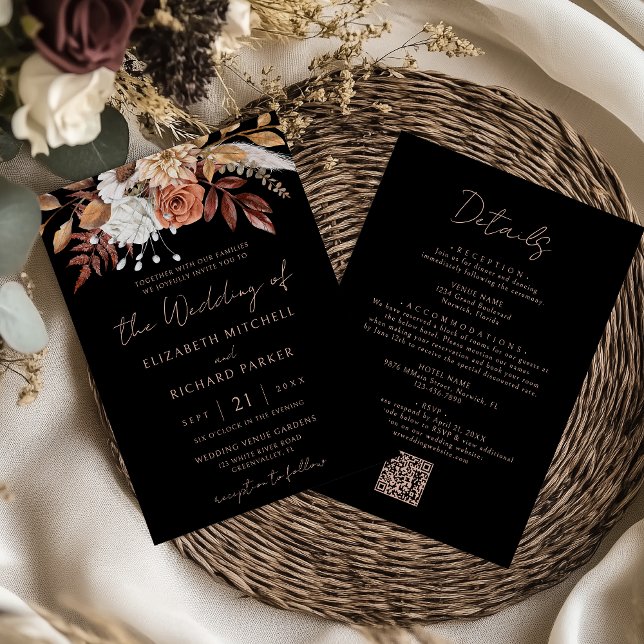 Invitation Terracotta Floral Boho Black All In One Wedding (Créateur téléchargé)