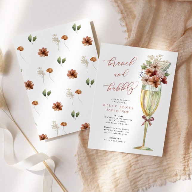 Invitation Terracotta Floral Brunch et Bubbly Gold Champagne (Beautiful Terracotta Flowers in a Gold Champagne glass-perfect for your Fall event!)