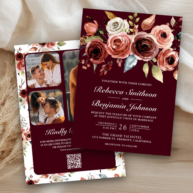 Invitation Terracotta Floral Burgundy QR Code Wedding (Créateur téléchargé)
