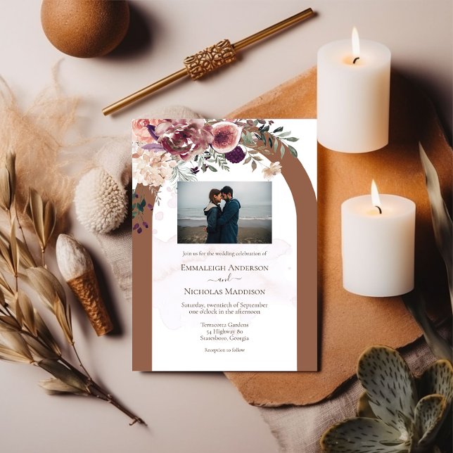 Invitation Terracotta Floral d'automne avec Mariage photo (Créateur téléchargé)