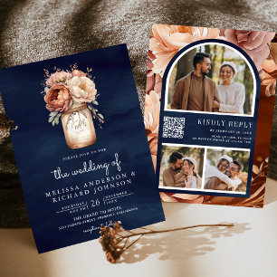 Invitation Terracotta Floral Mason Jar Marine QR Code Mariage