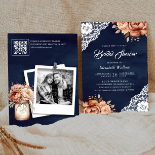Invitation Terracotta Floral Navy Photo QR Code Fête des mari