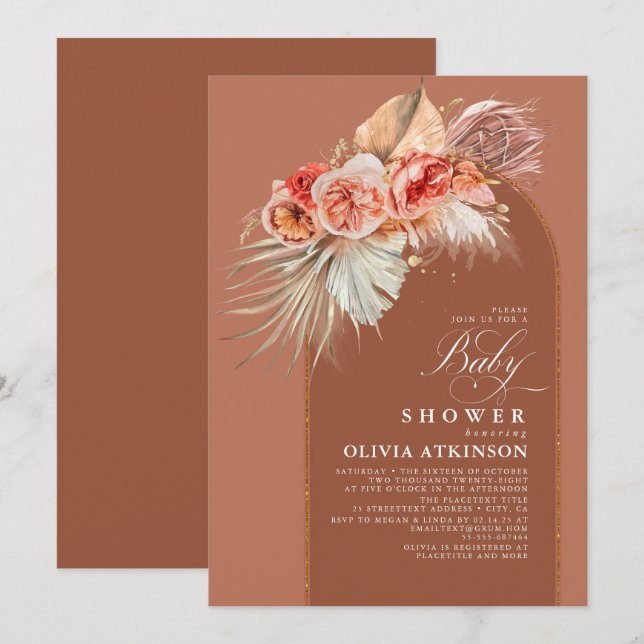 Invitation Terracotta Floral Pampas Baby shower en laiton Boh (Devant / Derrière)