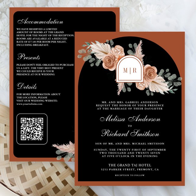 Invitation Terracotta Floral Pampas Black QR Code Wedding (Créateur téléchargé)