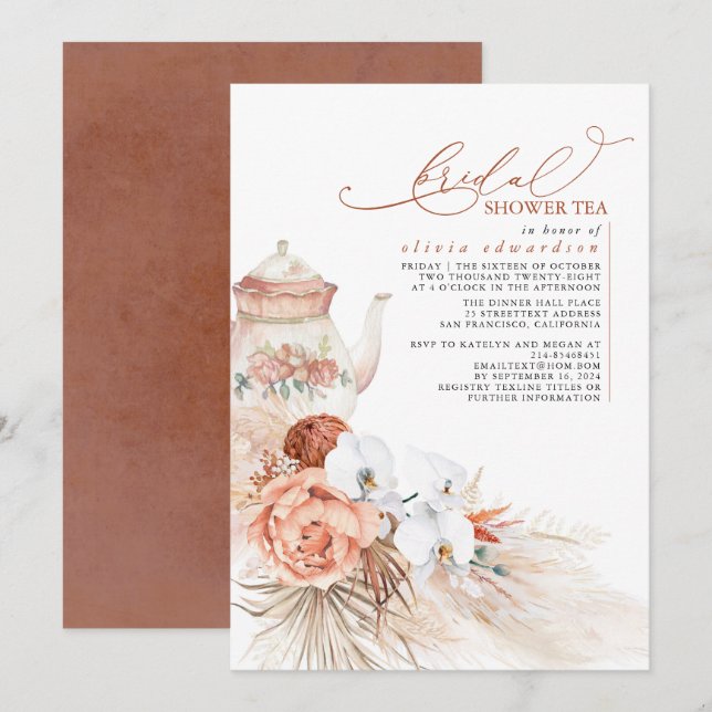 Invitation Terracotta Floral Pampas Fête des mariées basse Th (Devant / Derrière)