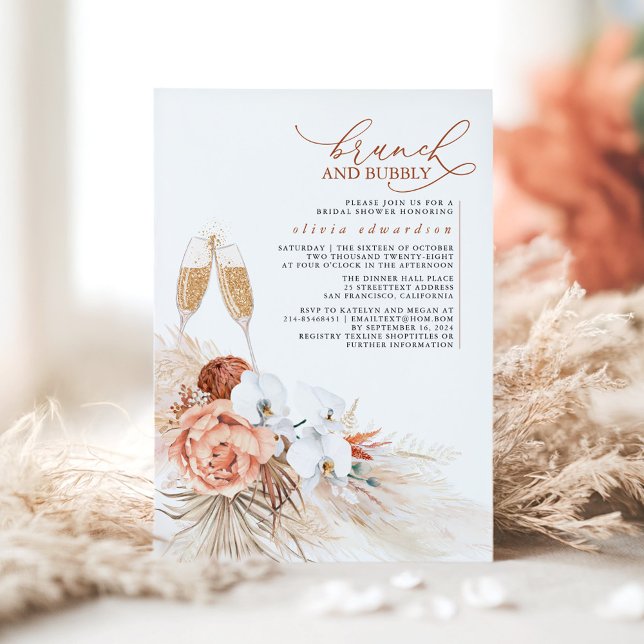 Invitation Terracotta Floral Pampas Grass Brunch et Bubbly (Floral Terracotta Bridal Shower Invitation - Brunch and Bubbly)