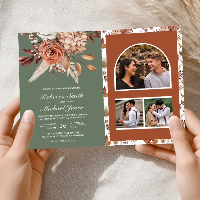 Invitation Terracotta Floral Sage Green QR Code Wedding (Créateur téléchargé)