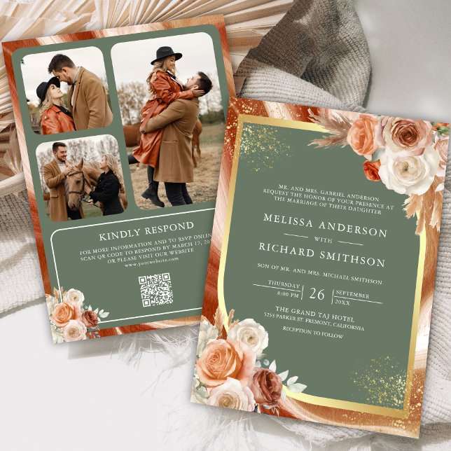 Invitation Terracotta Floral Sage Vert Photo QR Code Mariage (Créateur téléchargé)