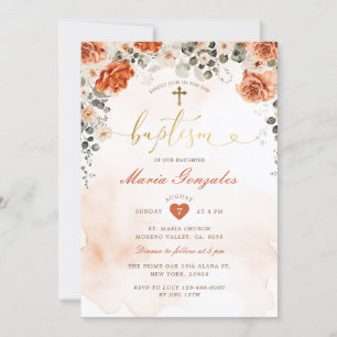 Invitation Terracotta Florals Fille Christening Gold Baptême