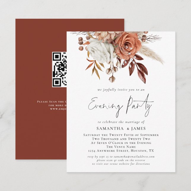 Invitation Terracotta Florals QR Code Mariage Soirée (Devant / Derrière)