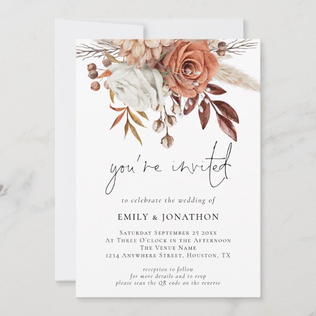 Invitation Terracotta Florals Vous êtes invité QR Code Mariag (Devant)