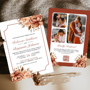 Invitation Terracotta Frontière Florale Photo QR Code Mariage