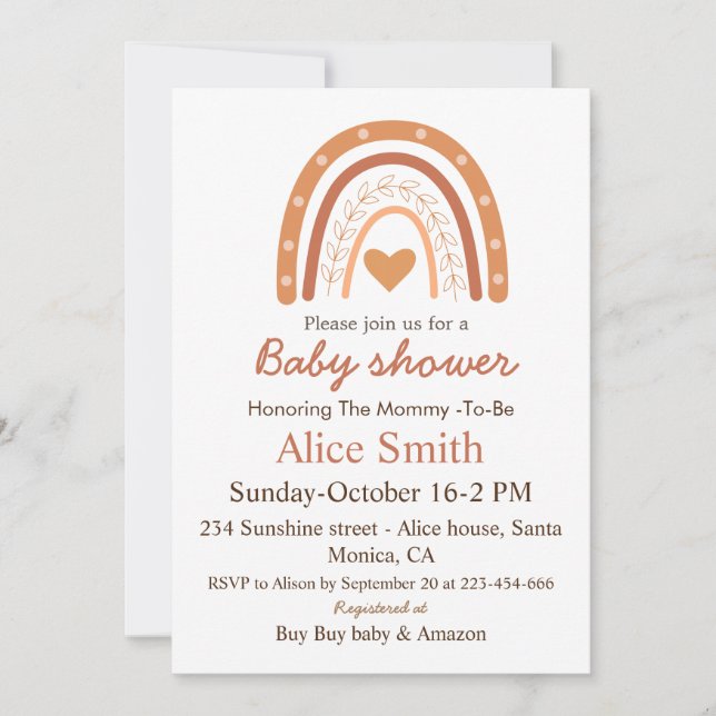 Invitation Terracotta Genre Neutre Boho arc-en-ciel baby show (Devant)
