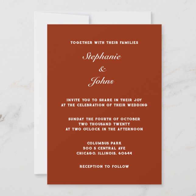 Invitation Terracotta Gras Terre Chaude Couleur Simple Mariag (Devant)