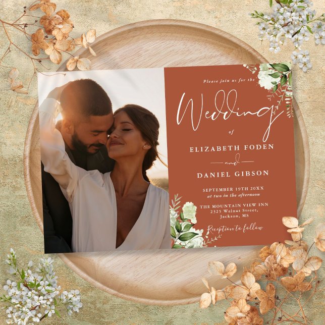 Invitation Terracotta Green Mariage photo Floral (Terracotta Greenery Floral Photo Wedding Invitation)