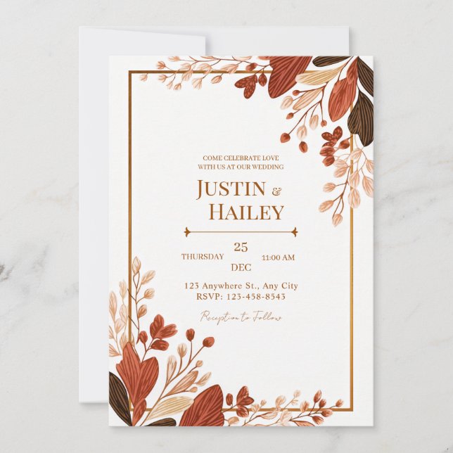 Invitation Terracotta Line Leaf Gilded Botanical Wedding (Devant)