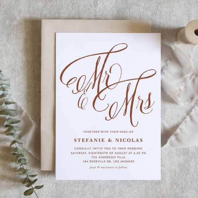 Invitation Terracotta M. et Mme Rustic Calligraphy Mariage (Terracotta Mr and Mrs Rustic Calligraphy Wedding Invitation)