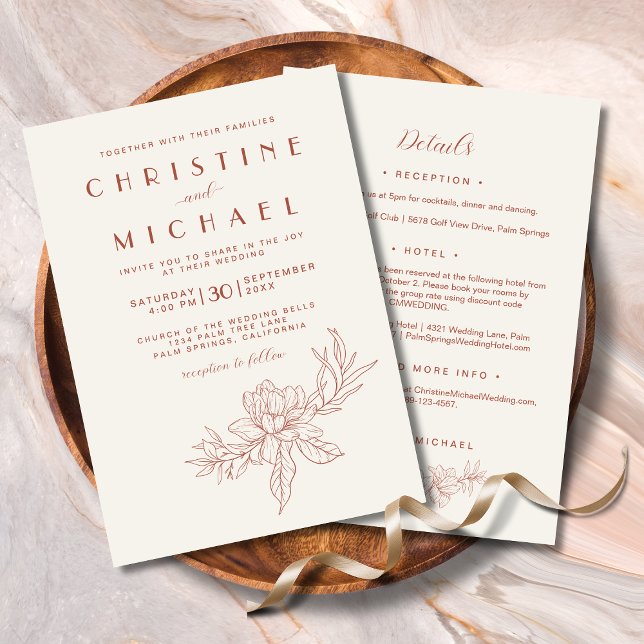 Invitation Terracotta Magnolia Élégant Mariage tout-en-un (Terracotta Magnolia Elegant Floral Budget All-In-One Wedding Invitation with Details on Back.)
