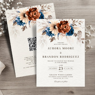 Invitation Terracotta Marine Bleu Pampas Grass QR Code Mariag
