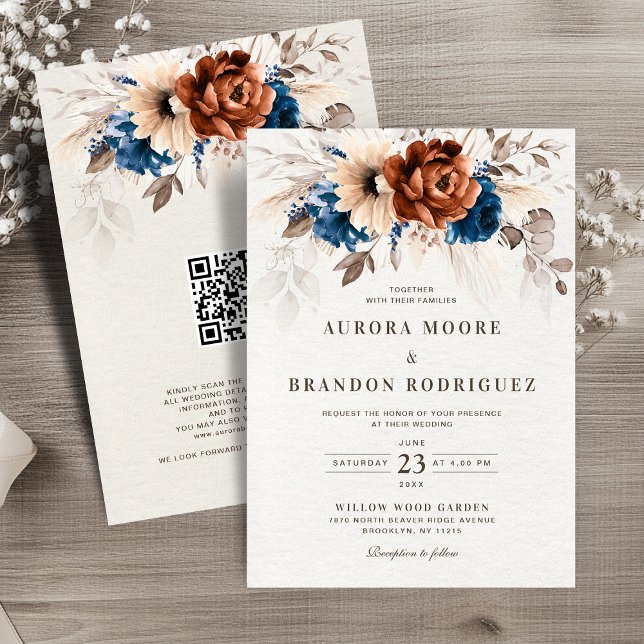 Invitation Terracotta Marine Bleu Pampas Grass QR Code Mariag (Terracotta Navy Blue Pampas Grass Botanical QR code Wedding Invitation)