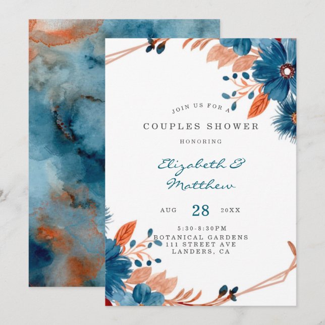 Invitation Terracotta Marine Flore bleu Couples Douche (Devant / Derrière)
