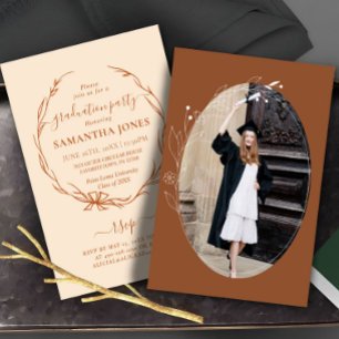 Invitation Terracotta Minimal Foliage Photo Graduation Party