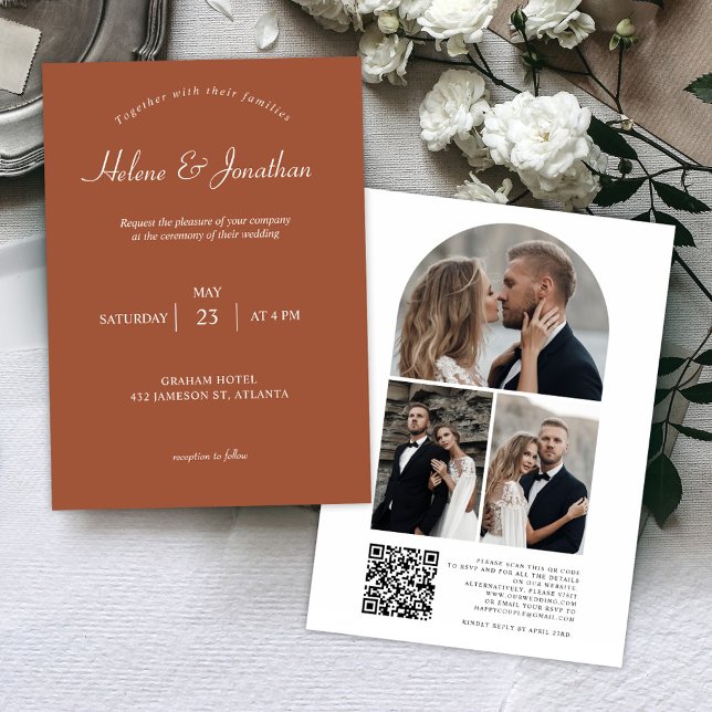 Invitation Terracotta Modern QR Code Photo Mariage élégant (Terracotta Modern QR Code Photo Elegant Wedding Invitation)