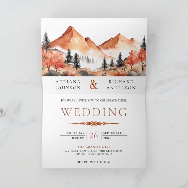 Invitation Terracotta Mountain Forest Photo QR Code Wedding (Intérieur)