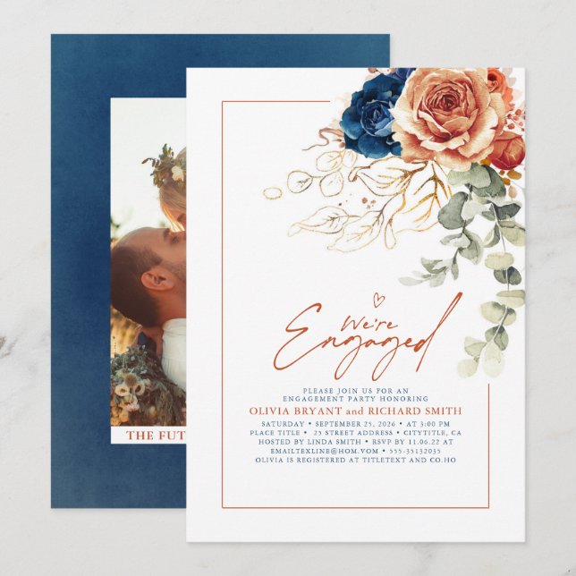 Invitation Terracotta & Navy Blue Floral Engagement Party (Devant / Derrière)