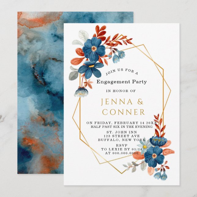 Invitation Terracotta Navy Blue Gold Floral Engagement Party (Devant / Derrière)