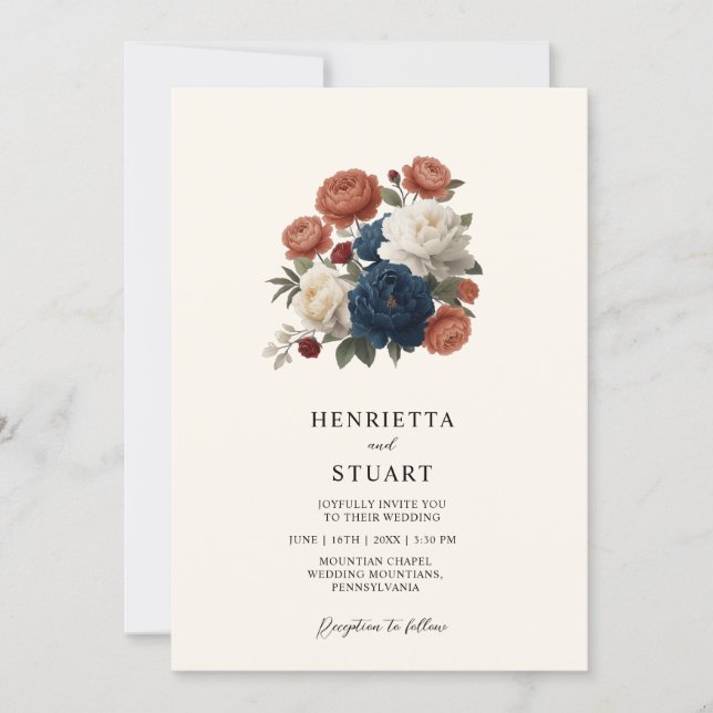 Invitation Terracotta Navy Floral all in one Wedding Invite (Devant)