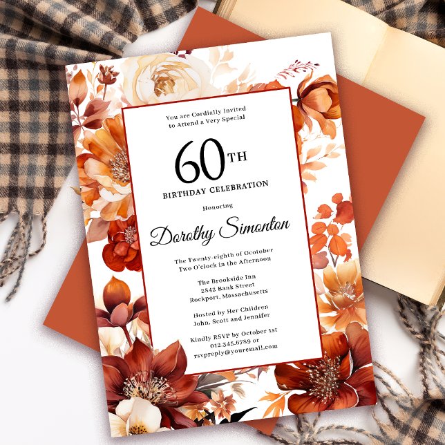 Invitation Terracotta Orange Fall Flowers 60e anniversaire (Need a matching autumn floral Welcome sign? Message me! Party supplies available too!)