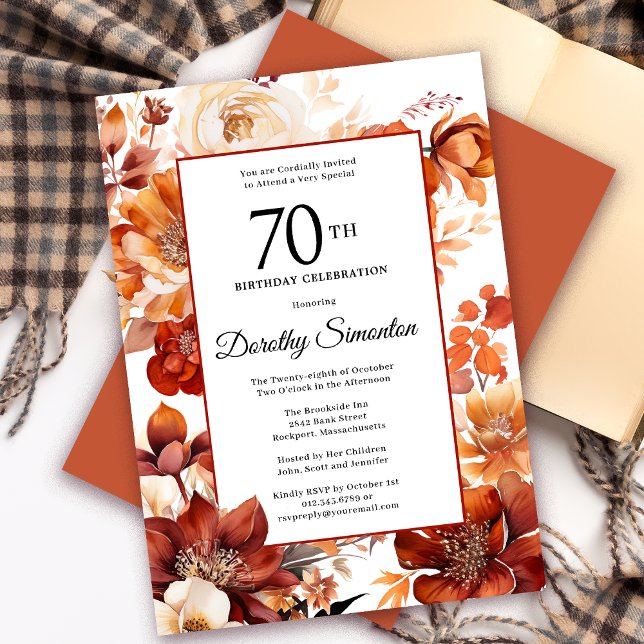 Invitation Terracotta Orange Fall Flowers 70e anniversaire (Need a matching autumn floral Welcome Sign? Message me! Party supplies available too!)