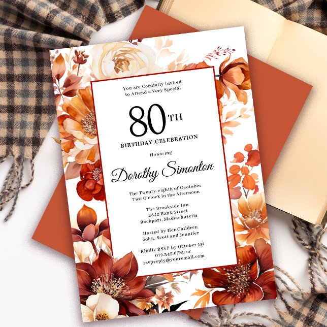 Invitation Terracotta Orange Fall Flowers 80e anniversaire (Need a matching autumn floral Welcome Sign? Message me! Party supplies available too!)