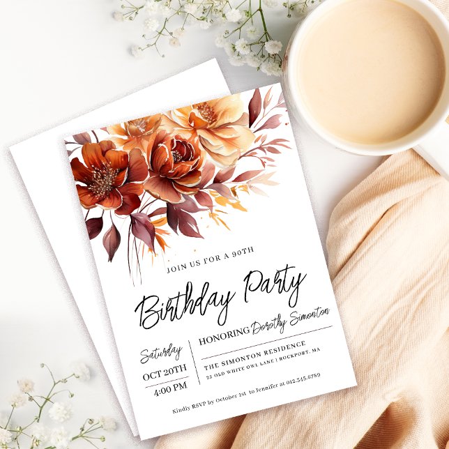 Invitation Terracotta Orange Fall Flowers 90e anniversaire (Need a matching fall floral welcome sign? Message me!)