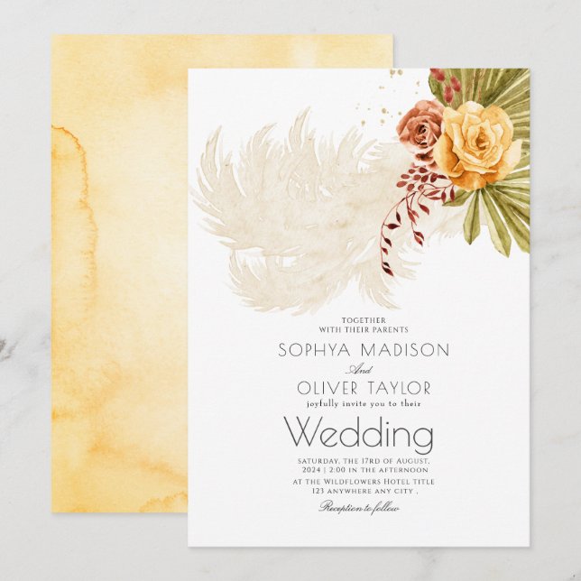 Invitation Terracotta Orange Floral Rustique Boho Mariage (Devant / Derrière)