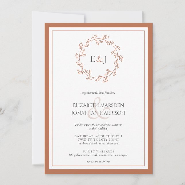 Invitation Terracotta QR Code Photo Monogramme Feuille Faille (Devant)