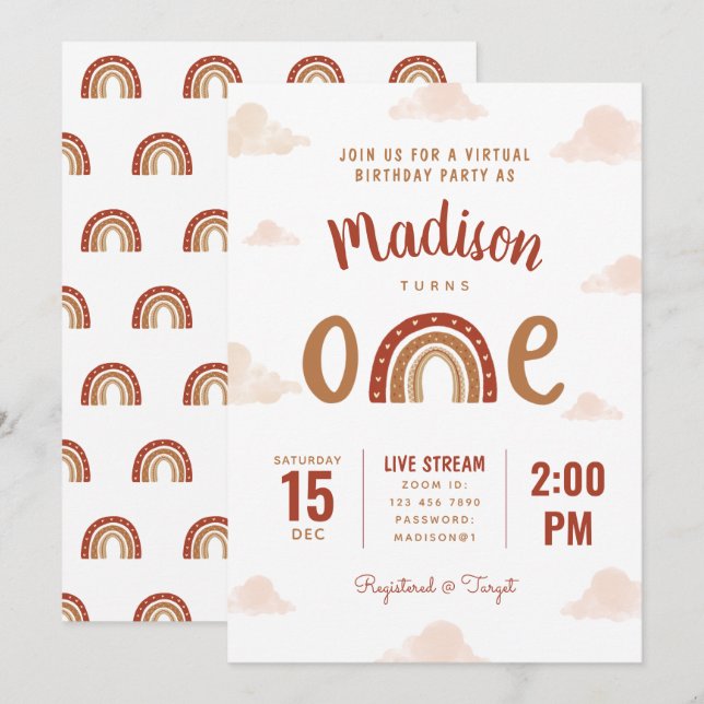 Invitation Terracotta Rainbow Boho Virtual First Birday (Devant / Derrière)