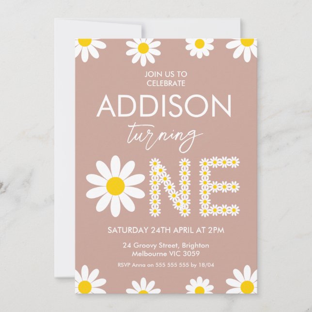 Invitation Terracotta Retro Girls Daisy 1er anniversaire (Devant)