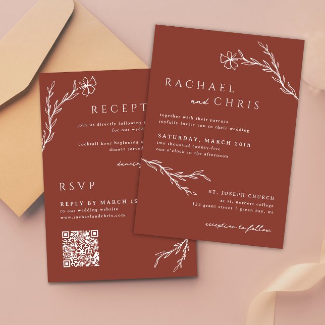 Invitation Terracotta Rust Minimalis Floral Botanal QR Code (Créateur téléchargé)
