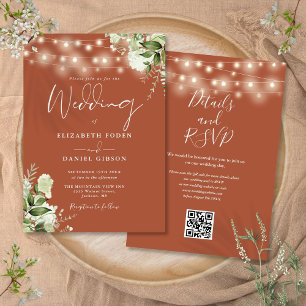 Invitation Terracotta String éclaire Floral QR Code Mariage