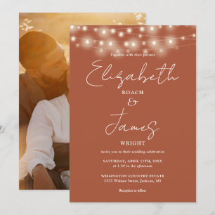 Invitation Terracotta String Lights Chic Script Photo Mariage