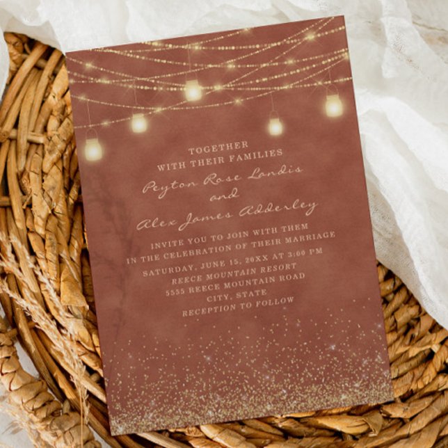 Invitation Terracotta String Lights Gold Parties scintillant  (Créateur téléchargé)