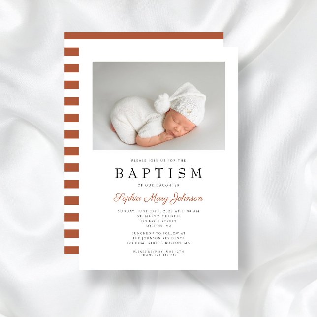 Invitation Terracotta Stripes Moderne Baptême Photo (Terracotta Stripes Modern Baptism Photo Invitation)