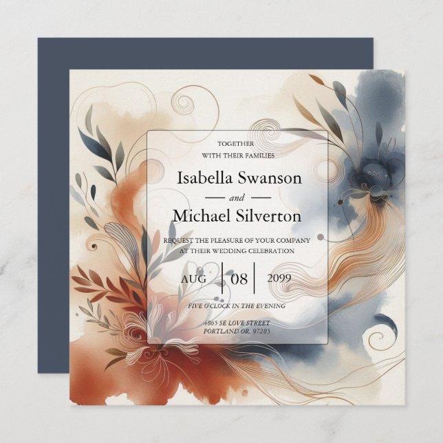 Invitation Terracotta Twilight and Navy Blooms Wedding (Devant / Derrière)
