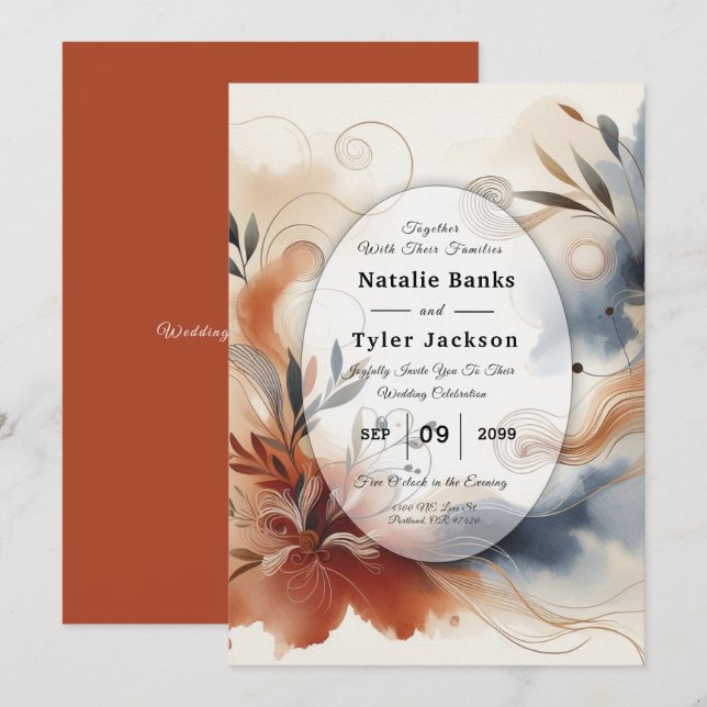 Invitation Terracotta Twilight and Navy Blooms Wedding (Devant / Derrière)