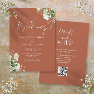 Invitation Terracotta Vert Floral QR Code Mariage