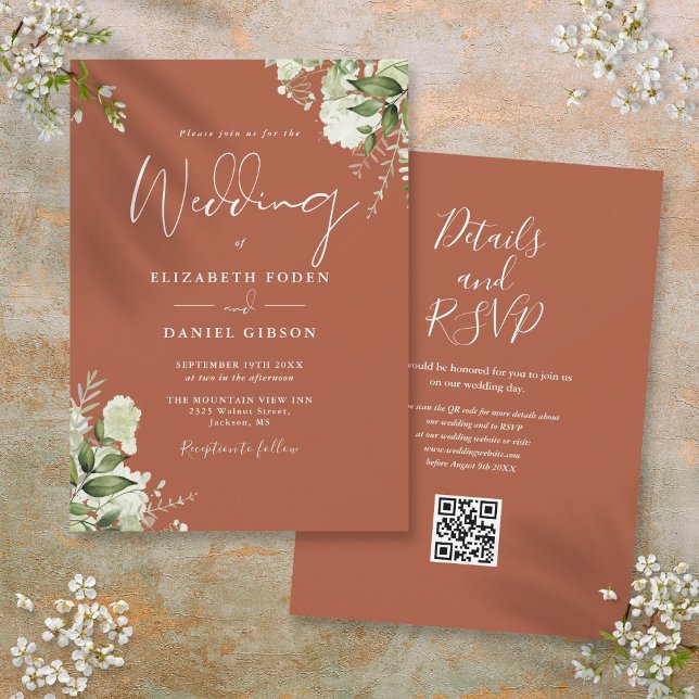 Invitation Terracotta Vert Floral QR Code Mariage (Terracotta Greenery Floral QR Code Wedding Invitation)